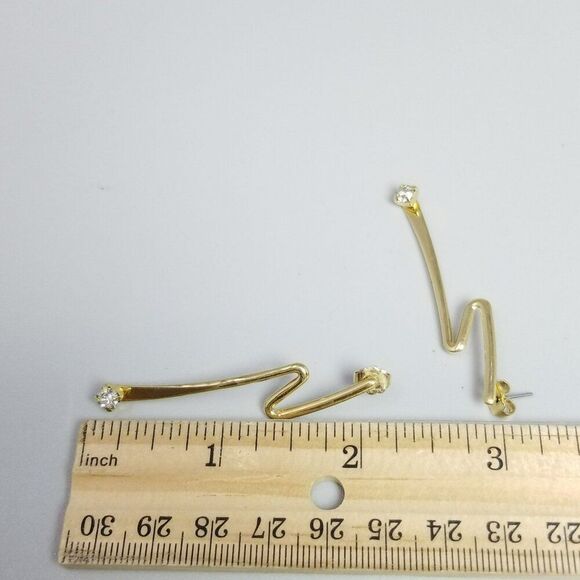 Vintage Gold Tone Zig Zag Dangle Stud Earrings, Rhinestone Accent, Retro Estate - Picture 4 of 6